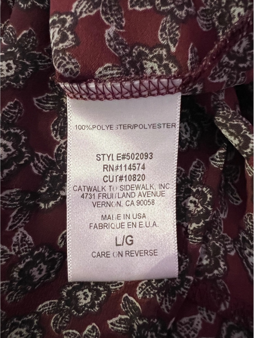 Pileone Made in USA Burgundy Floral V-Neck Short Sleeve Blouse Size L - Picture 5 of 5